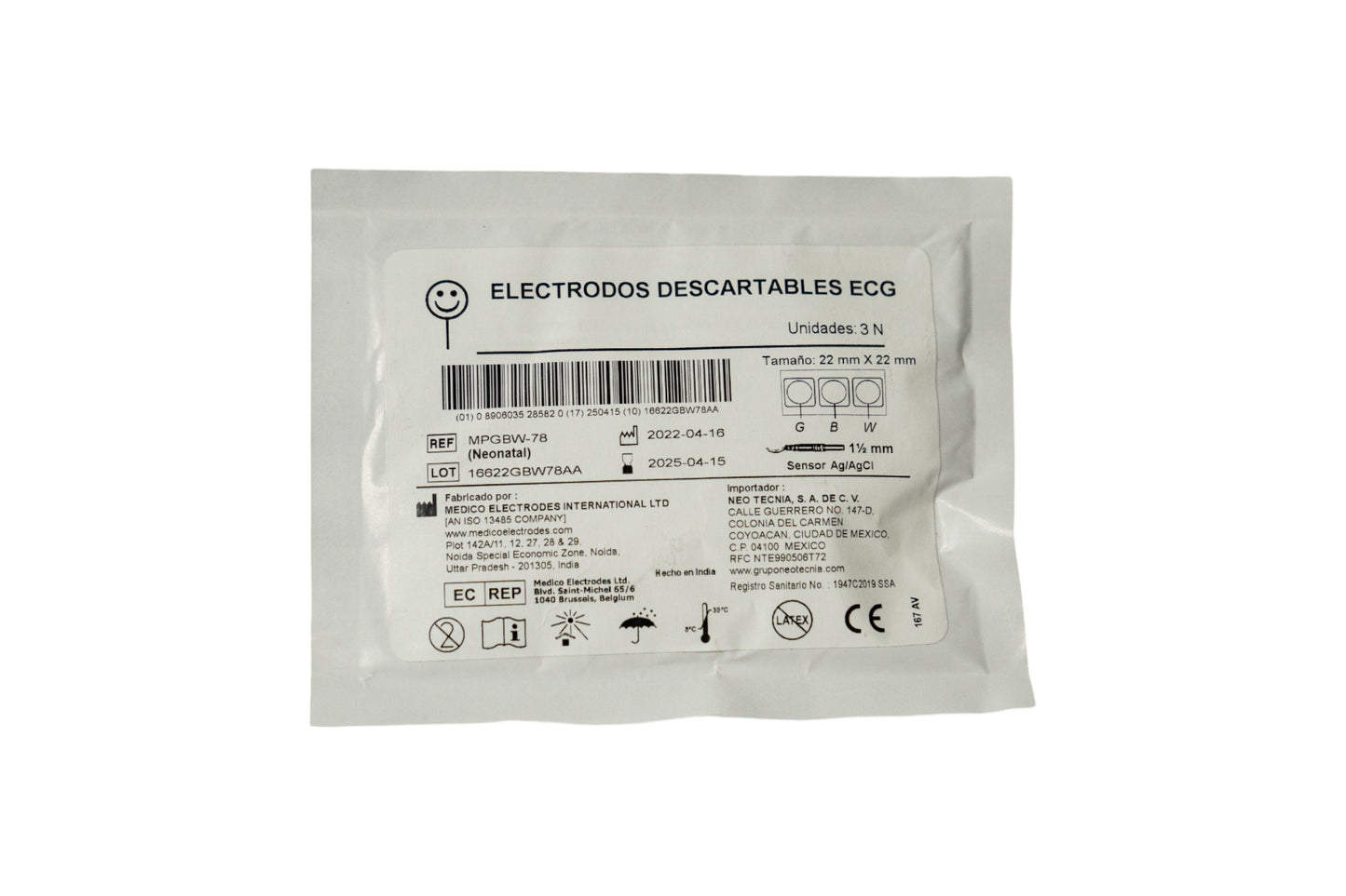 Electrodo Neonatal para ECG 22 X 22 sobre C/3 pz ME